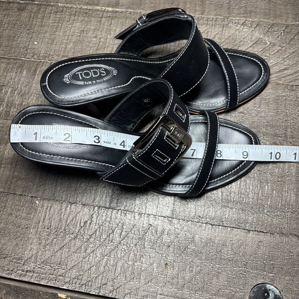 Tods Comfort Heels Mules Black Leather Timeless Buckle Design Shoes Sz 6.5 US